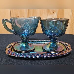 Vintage Indiana Blue Carnival Glass Harvest Grapes, Cream & Sugar w/Tray- 1970’s